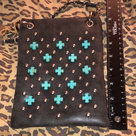 SS Fashion faux leather crossbody very dark gray black turquoise studded crosses - Picture 7 of 16